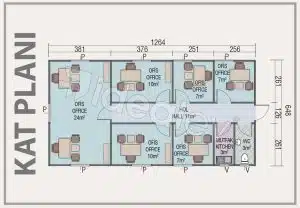 Alternativní pohled na prefabrikovanou kancelář o rozloze 82 m²