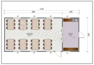Vedere alternativă a unei săli de mese prefabricate de 59 m²